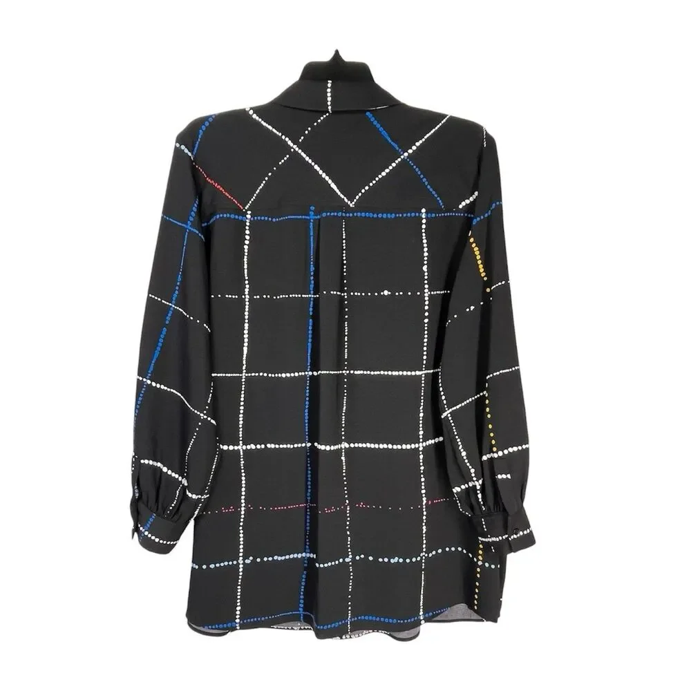 Investments Woman 2X Button Shirt Black Dotted Windowpane Long Sleeve Top Career